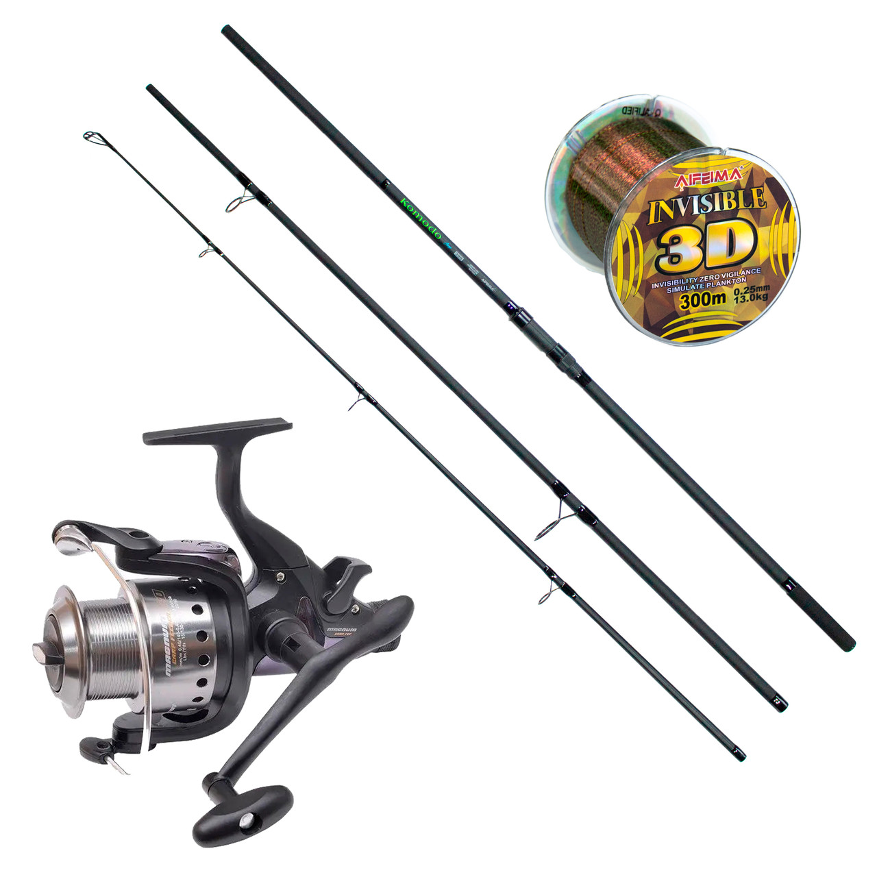 Карповий набір Feima Komodo Вудлище 3,90м Flagman Magnum 6000 Лісочка 300м, фото 1