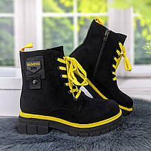 Черевики дитячі для дівчинки демісезонні чорні замшеві на жовтій підошві Bessky 5281