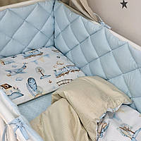 Комплект постельного белья для новорожденного - стеганые бортики, Baby Mix Паравозик, голубой