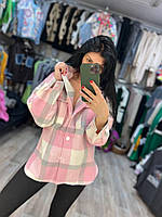 Теплая шерстяная женская рубашка на пуговицах в клеточку (Размеры 42,44,46,48), Розовая
