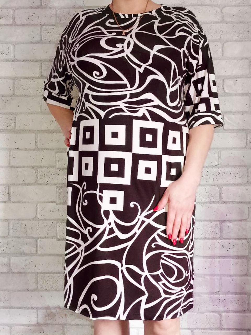 Літнє жіноче плаття з коротким рукавом (до ліктя) бамбук чорно-біле, трикотажна туніка — плаття жіноче