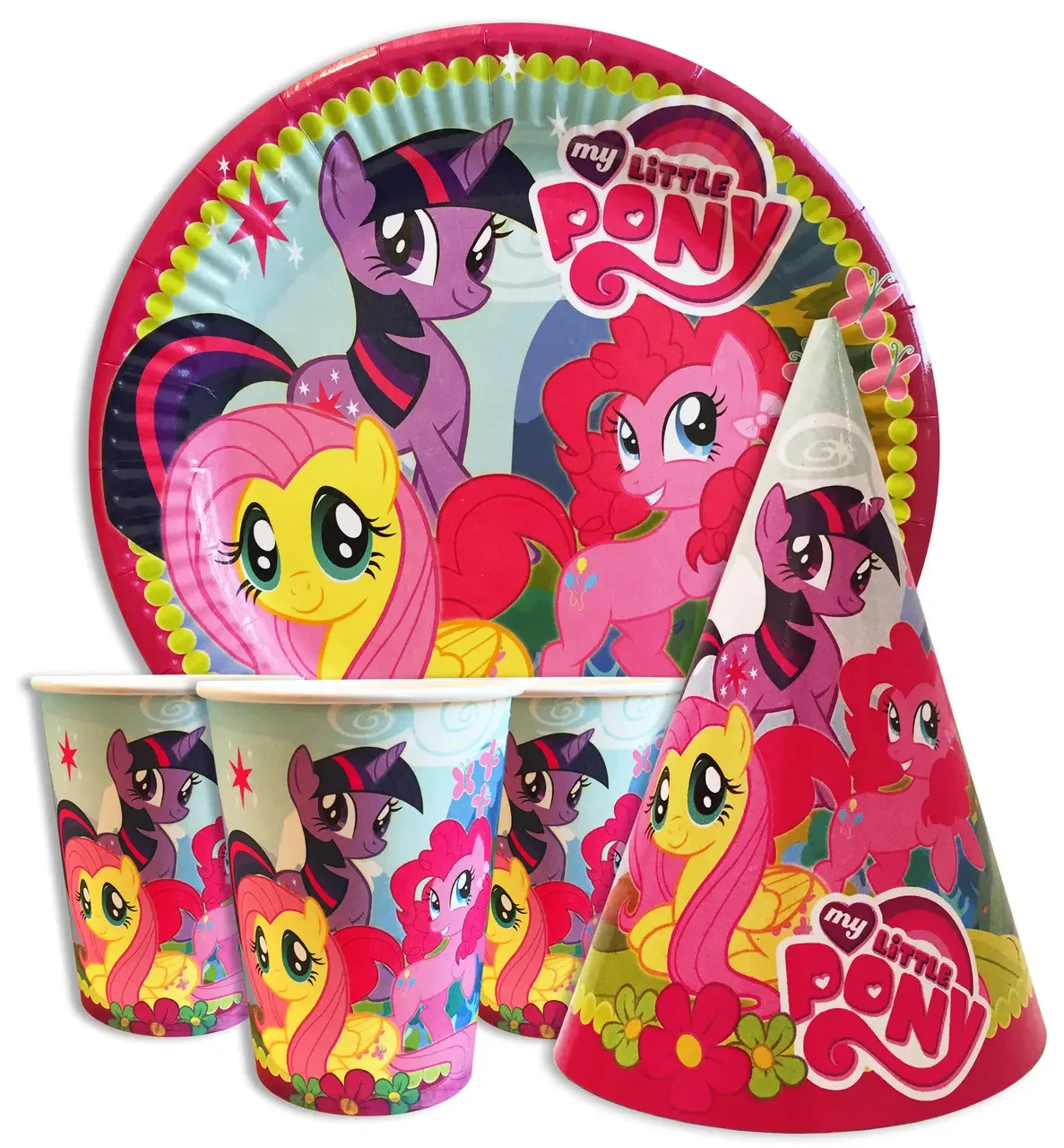 Набір "Little Pony" -2. Тарілки (18см) -10шт. Скляночки (250 мл)- 10 шт. Ковпачки (16см) -10 шт