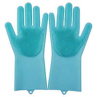 Силиконовые перчатки для мытья и чистки Magic Silicone Gloves с ворсом Голубые