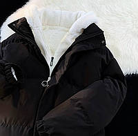 Женская стильная куртка пуховик стеганная легкая зимняя теплая с вшитым меховым капюшоном синтепон 250 Черный,