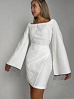 Женское нежное базовое мини платье с металлической бахромой длинный рукав однотонное креп костюмка Молоко,