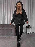Зимняя теплая женская куртка модная теплая на молнии с кнопками объемный пуховик силикон 250 еврозима Черный,