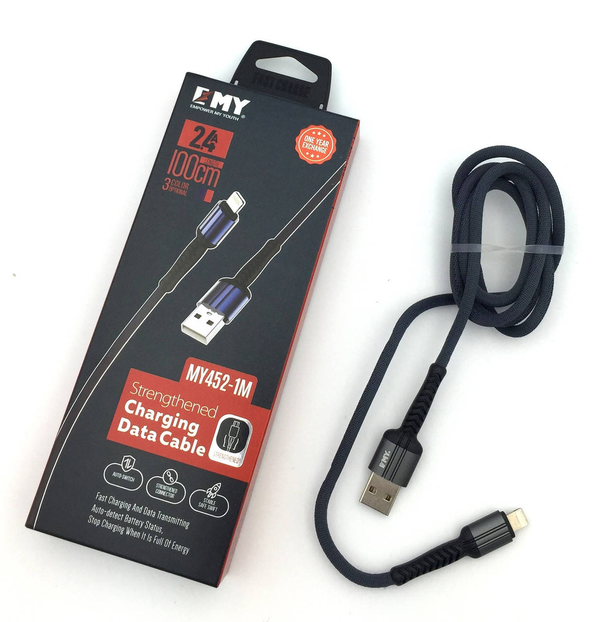 

Усиленный дата кабель EMY MY-452 Lightning для iPhone , 2.4А, черный