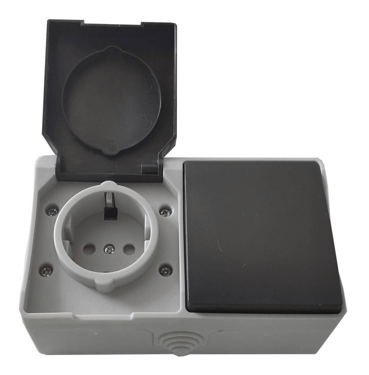 

Розетка накладная 1-а з/к + выключатель накладной 1-кл. IP54 TNSy SURFACE