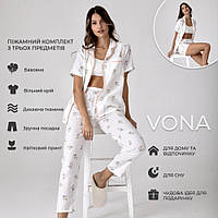 Пижама женская рубашка + шорты + штаны VONA белая в цветочек L