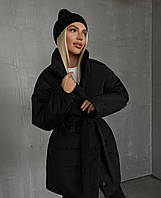 Зимняя теплая женская куртка с капюшоном модная стильная теплая курточка на кнопках с поясом 250 еврозима