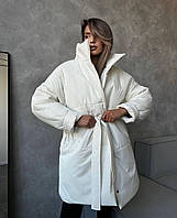 Зимняя теплая женская куртка с капюшоном модная стильная теплая курточка на кнопках с поясом 250 еврозима