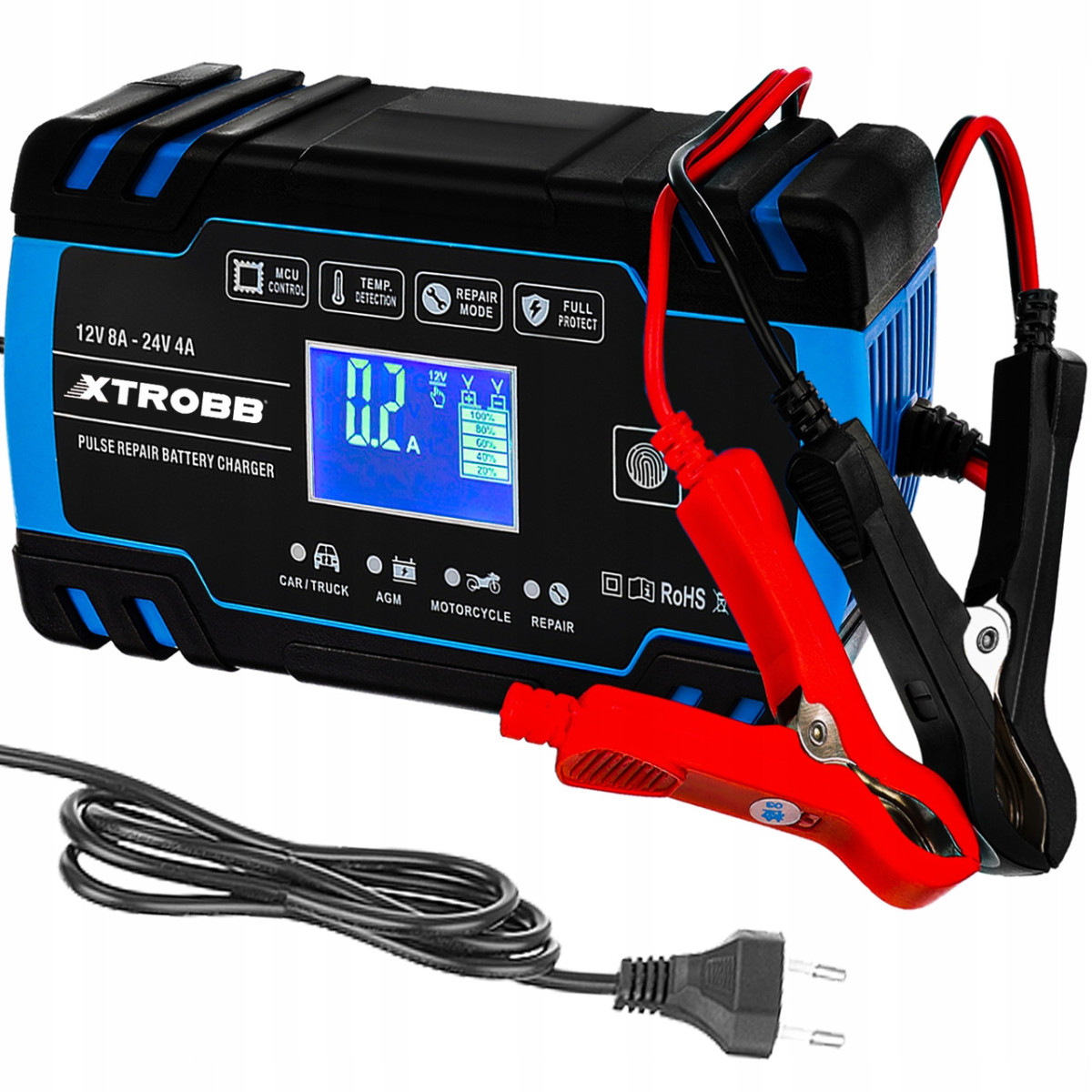 Зарядний пристрій XTROBB 12 V 8 A — 24 V 4 A сумісно зі олив'яно-кислотними та гелієвими АКБ 22463