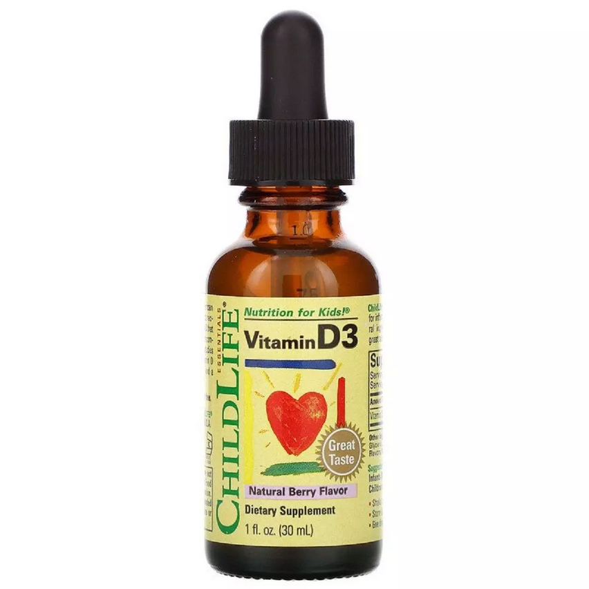 Вітамін D3 для дітей у Капельках зі смаком Ягід, 500 МО, Vitamin D3 Drops, ChildLife, 26.9 мл