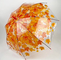 Прозрачный зонт-трость c куполом грибком и кленовыми листьями оранжевая