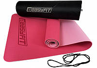 Коврик для йоги и фитнеса 183 см 6 мм EasyFit (Изифит) TPE+TC двухслойный розовый c розовым + Чехол