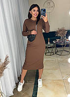 Стильное женское базовое длинное весеннее эффектное платье миди турецкий рубчик с длинным рукавом Шоколад,