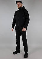 Утепленный тактический мужской черный костюм Softshell, куртка и брюки
