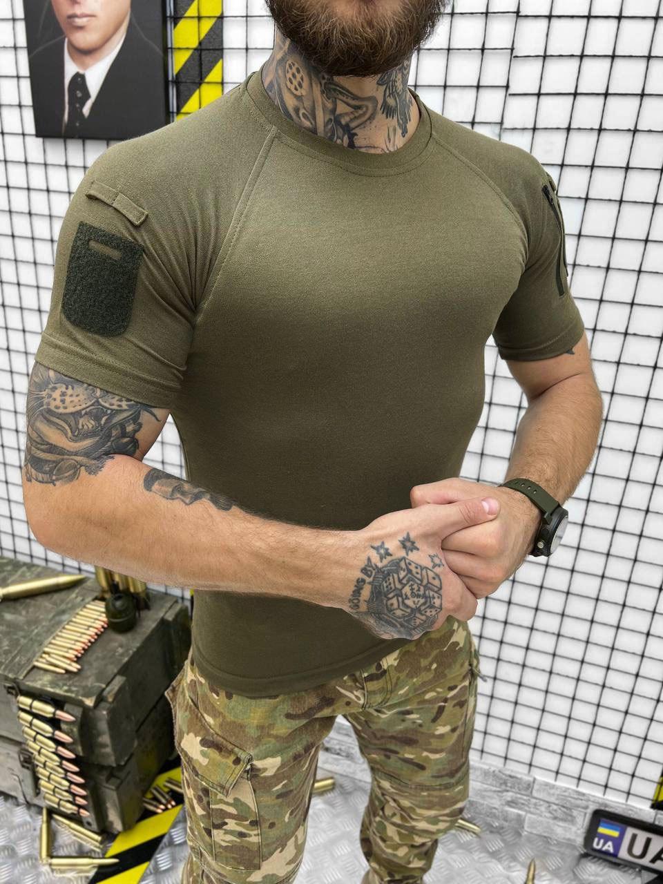 Мужская футболка МЕТАМ олива, тактическая футболка приталенного кроя с липучками под шевроны - фото 3 - id-p2098534393