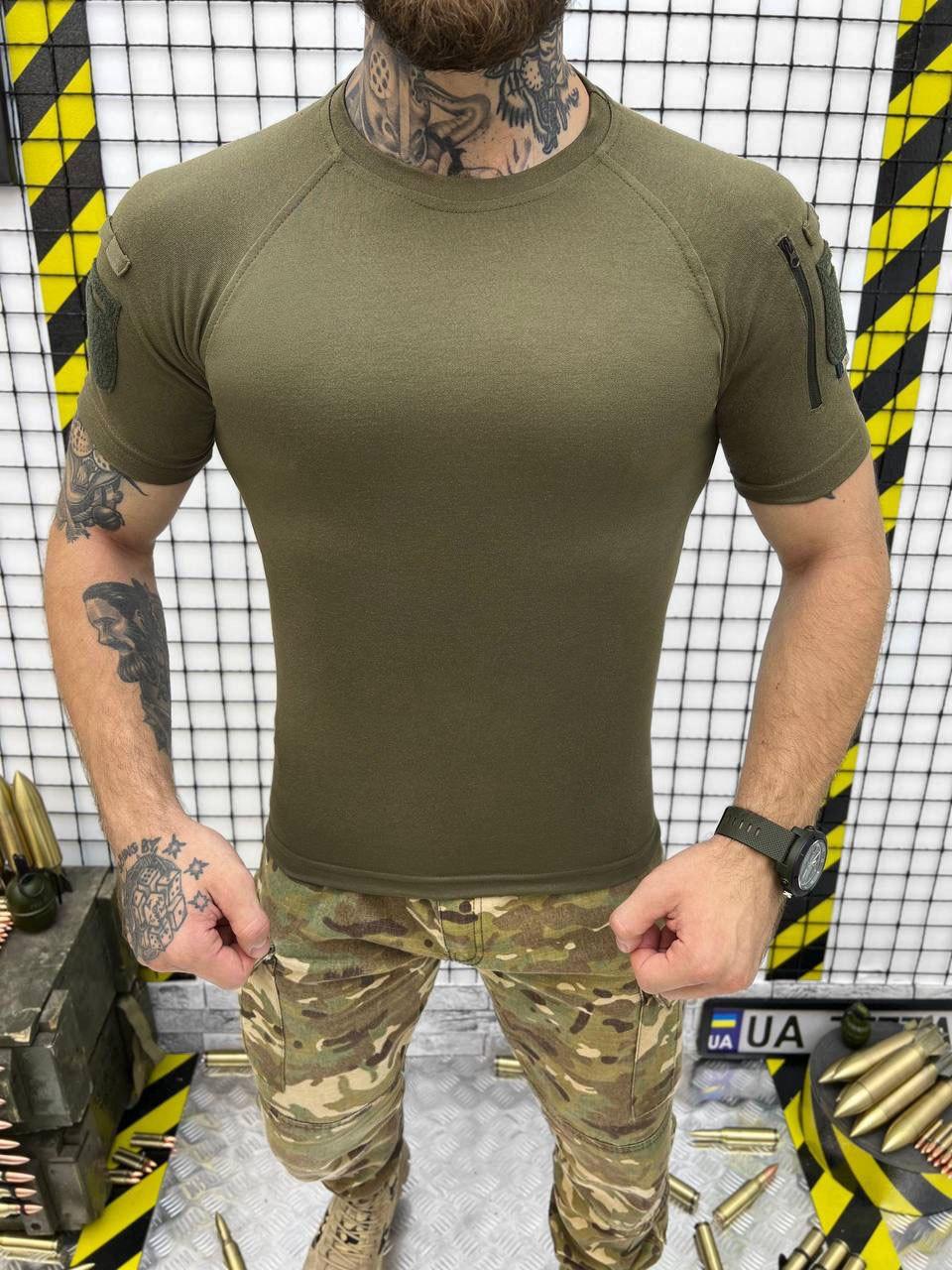 Мужская футболка МЕТАМ олива, тактическая футболка приталенного кроя с липучками под шевроны - фото 5 - id-p2098534393