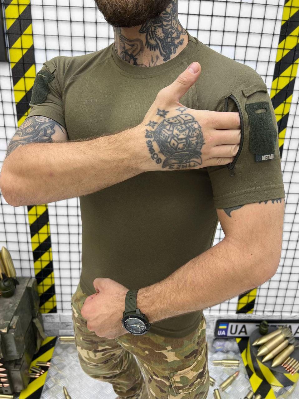 Мужская футболка МЕТАМ олива, тактическая футболка приталенного кроя с липучками под шевроны XL - фото 6 - id-p2098569249