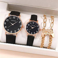 Парные наручные кварцевые женские и мужские чёрные часы + золотистые браслеты Cadvan Watches