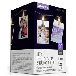 Гірлянда ColorWay Світлодіодна з прищіпками для фото 20 LED/3M USB (CW-LCP-20L30BU)