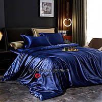 Атласное Синее двуспальное постельное белье Moka Textile 175х210см и Дополнительные Золотые наволочки