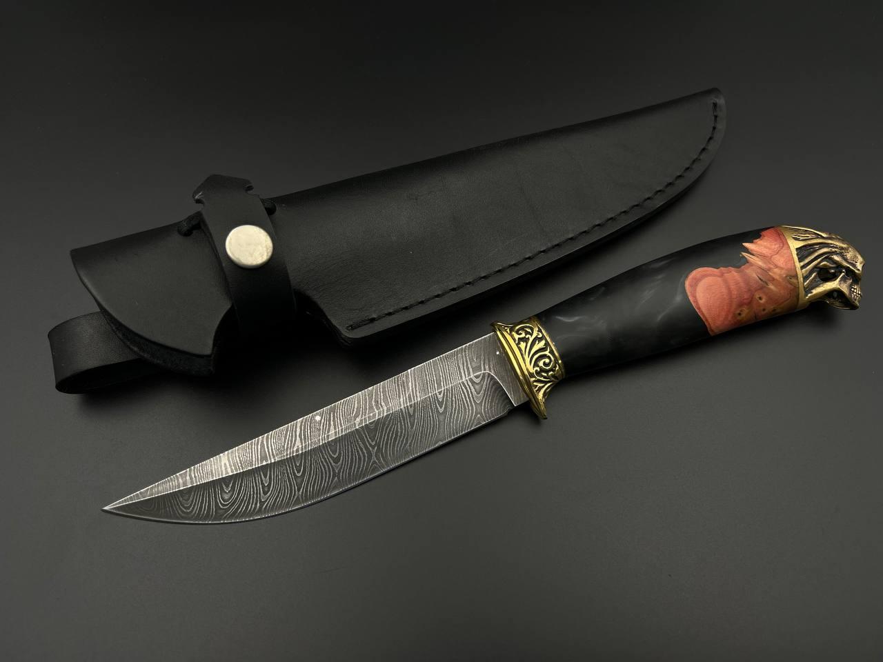Ніж ручної роботи з витого дамаска «Скелет #5» зі шкіряними піхвами 60 HRC, фото 1