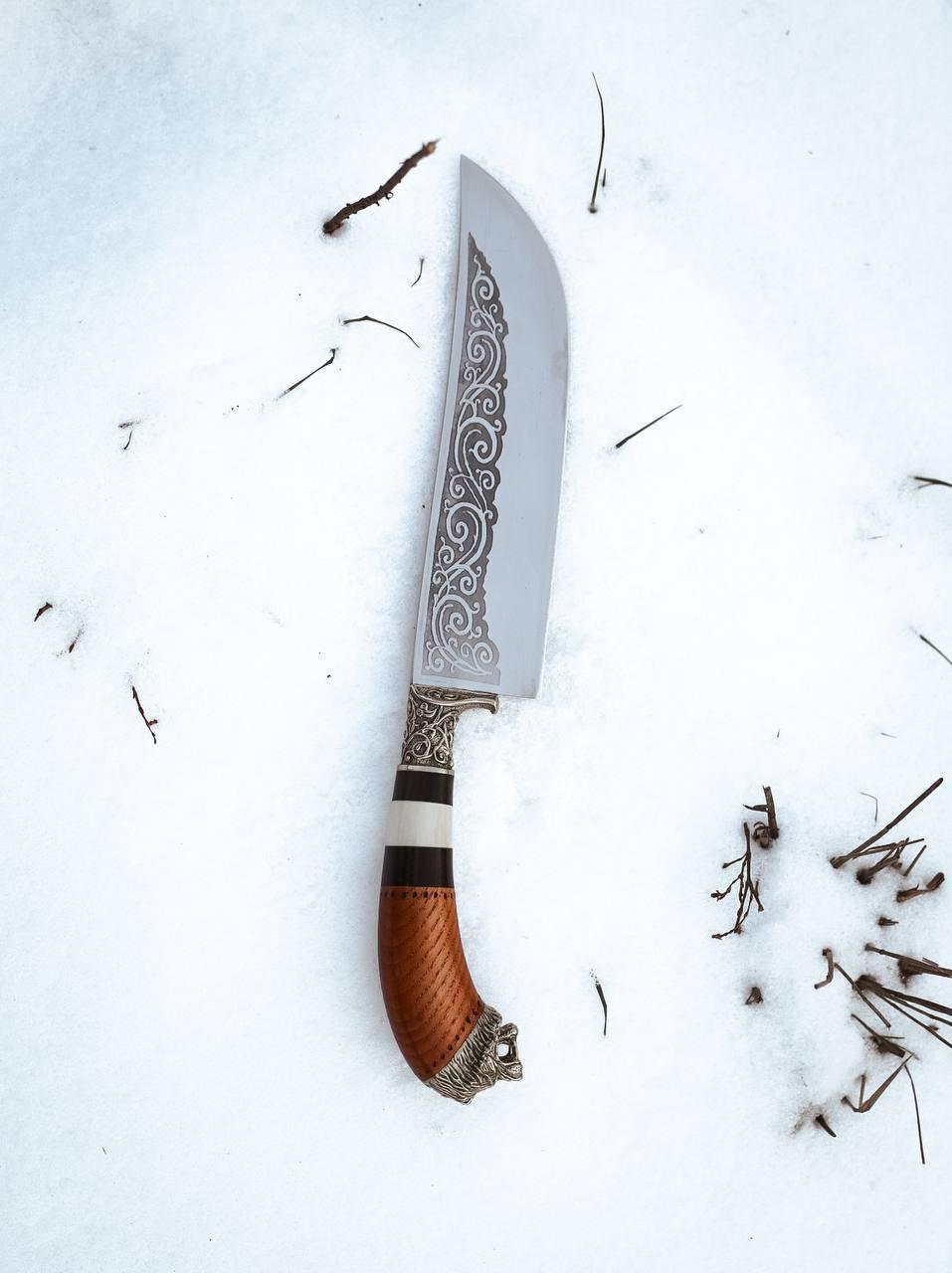 Ніж ручної роботи узбецького типу «Пчак #5» (Лев) зі шкіряними піхвами сталь 95х18/57-58 HRC., фото 1