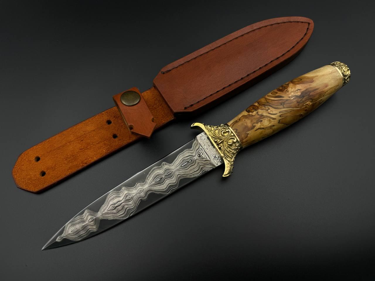 Кинжал ручної роботи «Стрендж #2» із ламінованого дамаська х12ф1 зі шкіряними піхвами, 61 HRC, фото 1