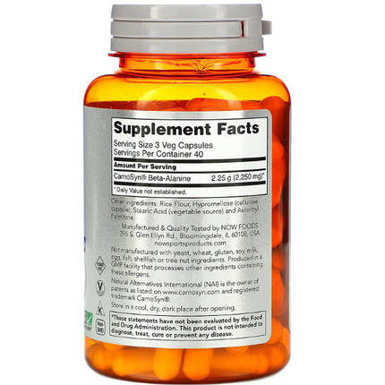 Амінокислота NOW Foods Beta-Alanine 750 mg 120 Veg Caps, фото 2