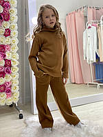 Теплий дитячий спортивний костюм на дівчинку з в'язаного трикотажу штани та светр коричневого кольору р.128-164