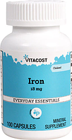 Железо, Iron, Vitacost, 18 мг, 100 капсул, скидка