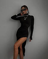 Стильное черное платье длиной миди с разрезом и с длинными рукавами размеры норма