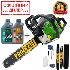 Бензопила Procraft GS50 (2 шина, 2 ланцюги — 40, 45) + Олива Procraft моторна 2-тактна 1 л + Олива для ланцюга 1 л