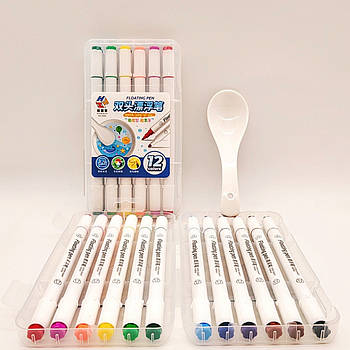 Маркери Floating Pen ДВОХСТОРОННІ + ЛОЖКА | малювання на воді | плаваючі малюнки | 12 кольорів