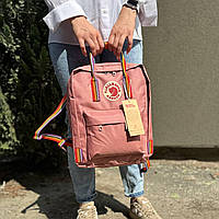 Пудровый, розовый женский рюкзак Kanken Classic 16 L с радужными ручками. Портфель канкен
