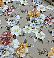 Ткань хлопковая тефлоновая крупные цветы бежевая для скатертей, штор, декора, чехлов, подушек