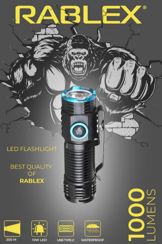 Ліхтар ручний Rablex RB901, Li-ion 16340, Zoom, ЗП Type-C,, фото 1