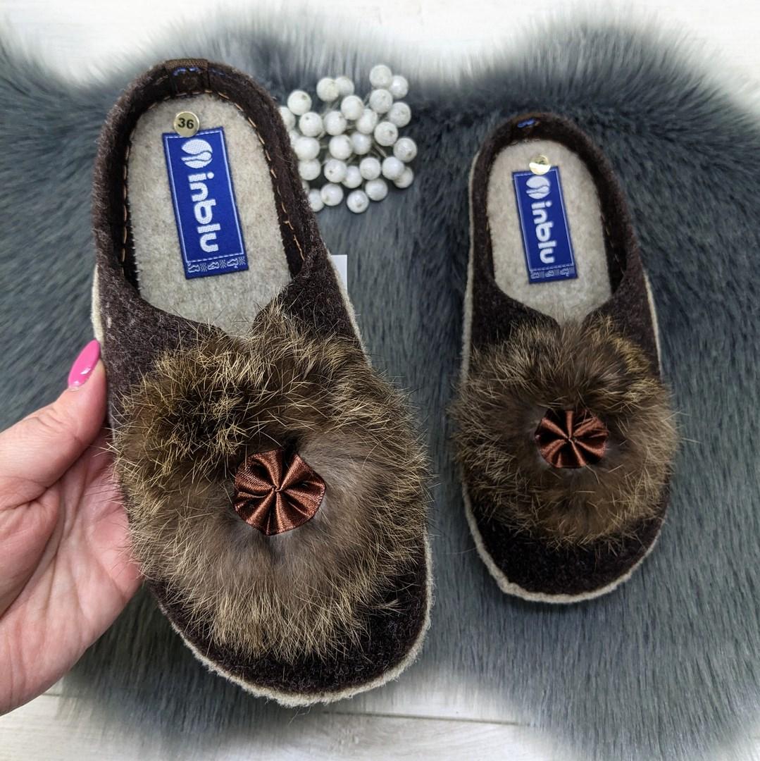 Жіночі кімнатні фетрові тапочки для ламінату Inblu коричневі з пушком 2714, фото 1