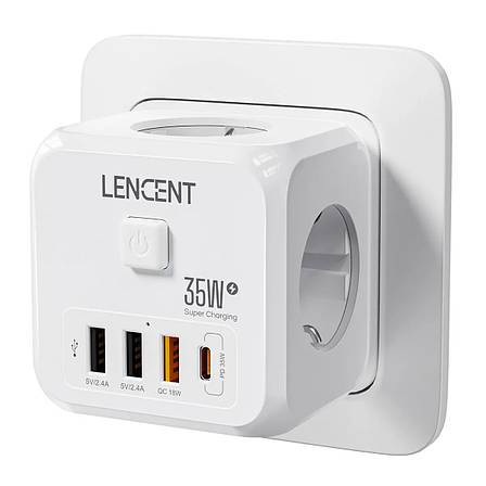 Безпечний трійник LENCENT на 3 розетки зі швидкою зарядкою 35W, 4 USB, кнопка відключення, фото 2