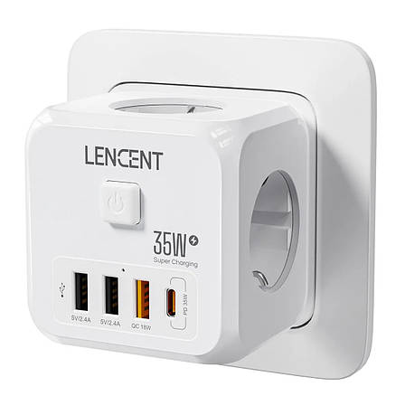 Безпечний трійник LENCENT на 3 розетки зі швидкою зарядкою 35W, 4 USB, кнопка відключення, фото 1