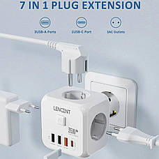 Безпечний трійник LENCENT на 3 розетки зі швидкою зарядкою 35W, 4 USB, кнопка відключення, фото 3