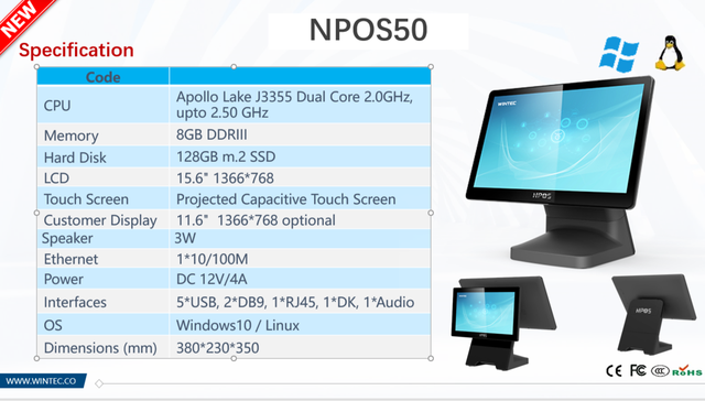Pos-термінал для магазину Wintec NPOS50-561N00 з одним дисплеєм (J3355 CPU, 8GB DDRIII, 128GB M.2 SSD, 15.6" LCD Pos-термінал для магазину Wintec NPOS50-561N00 з одним дисплеєм (J3355 CPU, 8GB DDRIII, 128GB M.2 SSD, 15.6" LCD