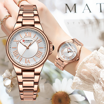 Годинник наручний жіночий рожеве золото круглий з нержавіючої сталі з римськими цифрами Curren оригінал