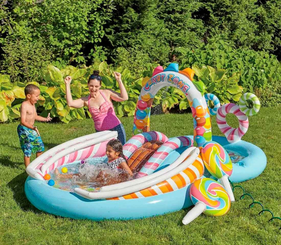 Дитячий надувний центр Intex 57149 "Солодощі", з кульками, гіркою і фонтаном, фото 1