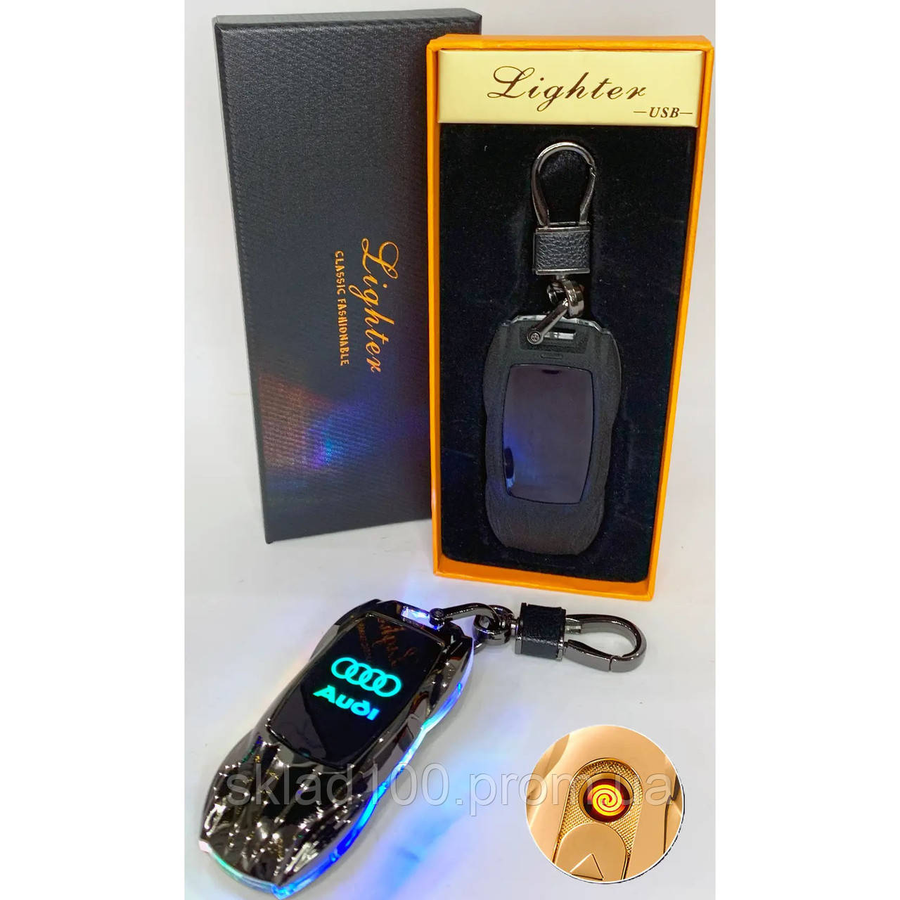 Электрическая зажигалка - брелок АВТО Audi с USB-зарядкой и VK-293 подсветкой HL-467 - фото 1 - id-p2099151730
