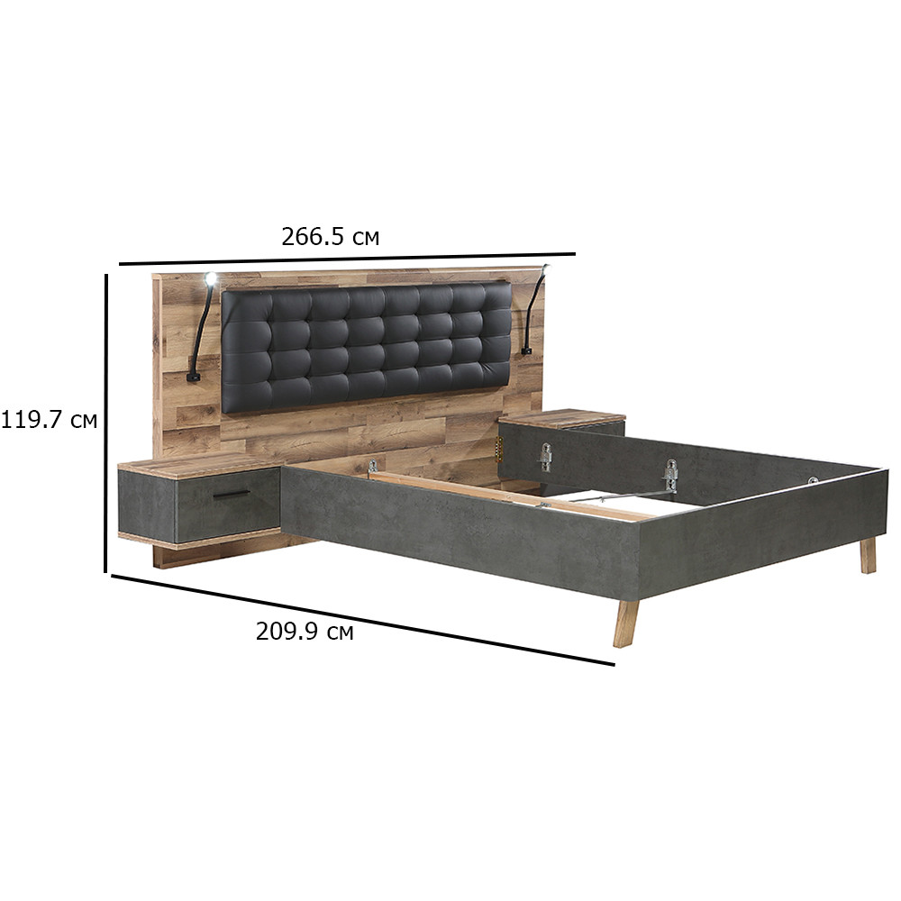 Двоспальне ліжко з тумбами Ricciano 160х200 см дуб та бетон темно-сірий з підсвічуванням та м'яким узголів'ям, фото 1