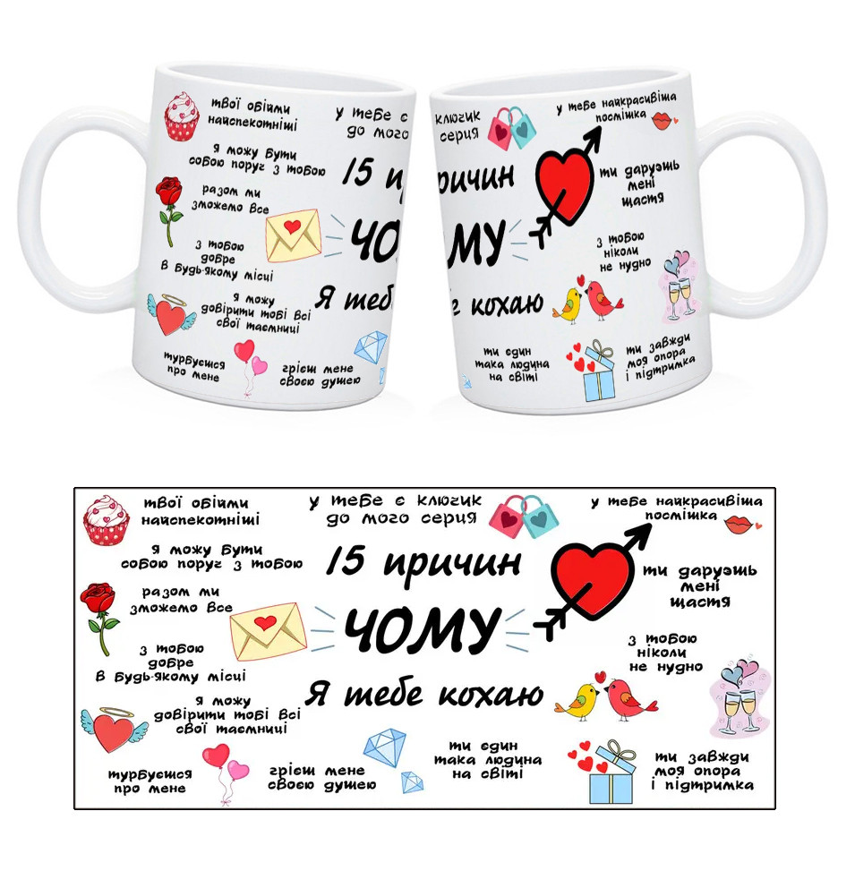 Чашка "15 причин чому я тебе кохаю" подарок на день Валенина, день народження коханому / коханій, фото 1