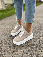 Бежевые женские кеды на платформе Замшевые кеды на толстой подошве Кеды на танкетке